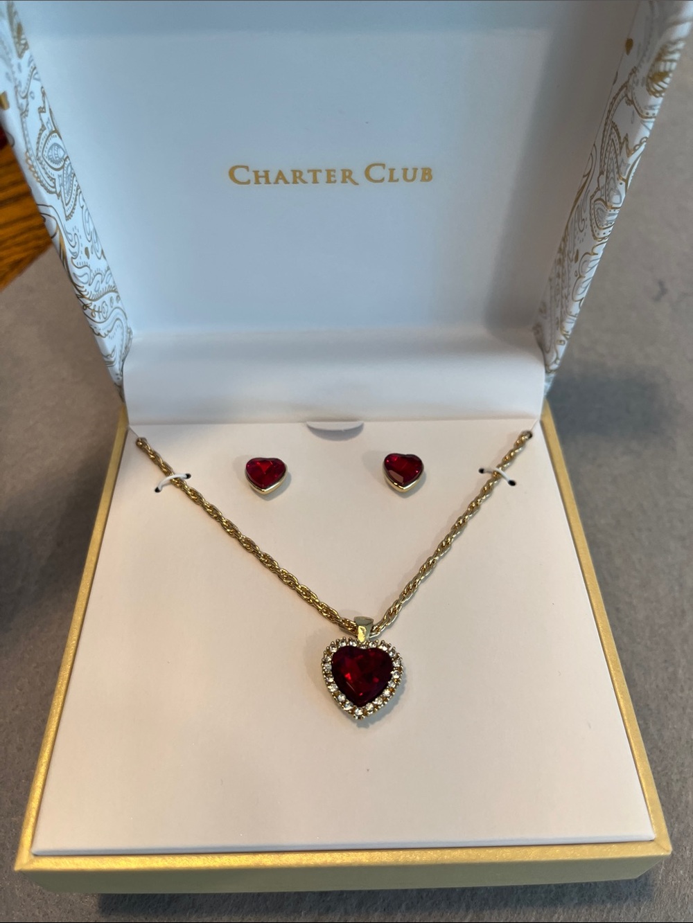 Charter Club Gold-Tone Heart Necklace and Red Stone Stud Earrings Set
